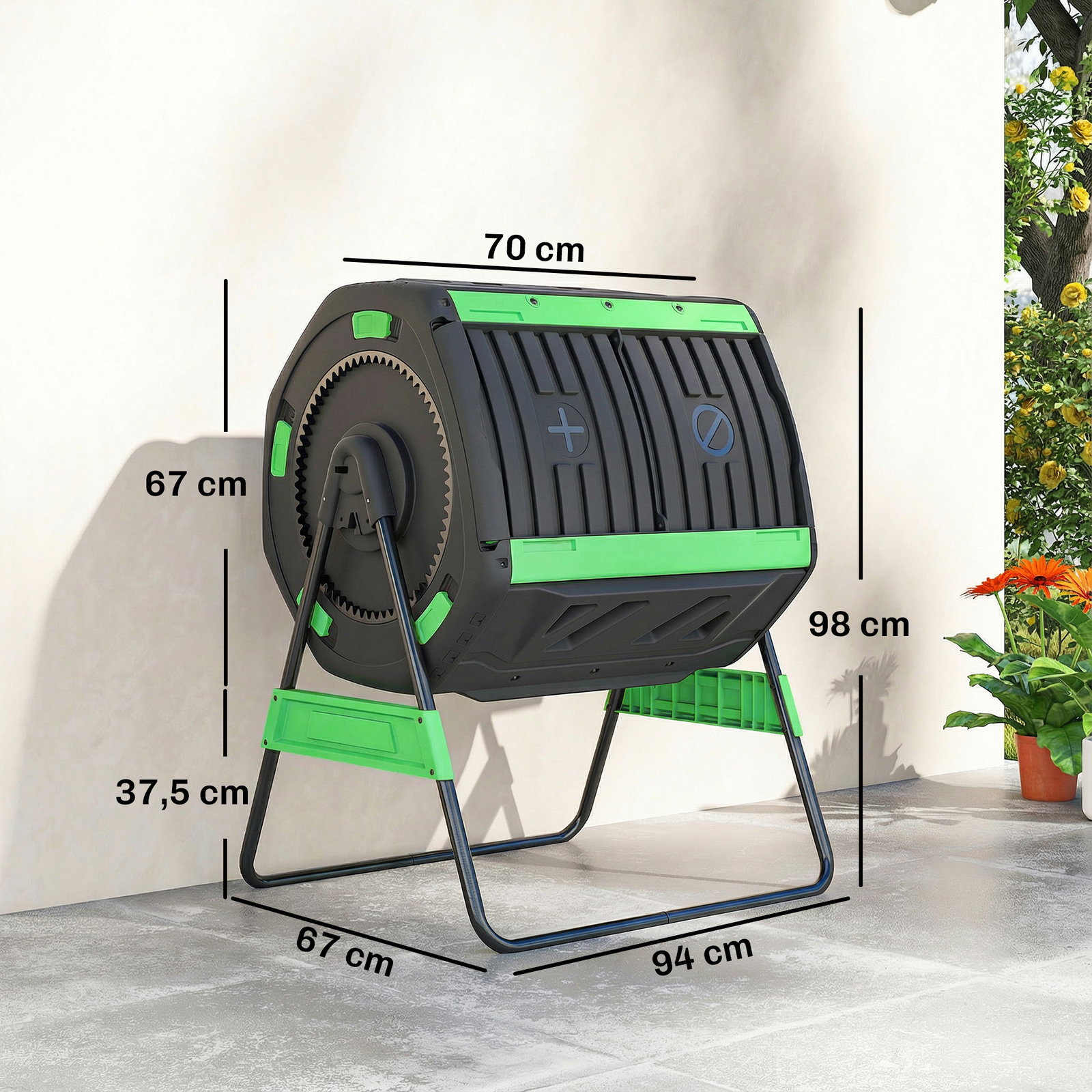 Compostador giratório 200l com sistema de ventilação e base metálica para compostagem de resíduos orgânicos verde