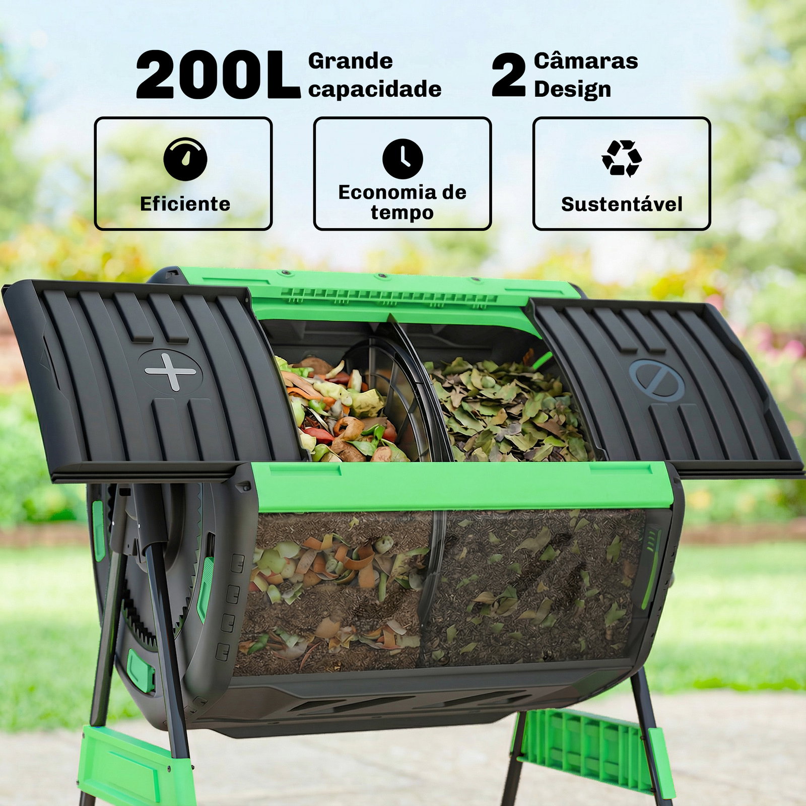 Compostador giratório 200l com sistema de ventilação e base metálica para compostagem de resíduos orgânicos verde