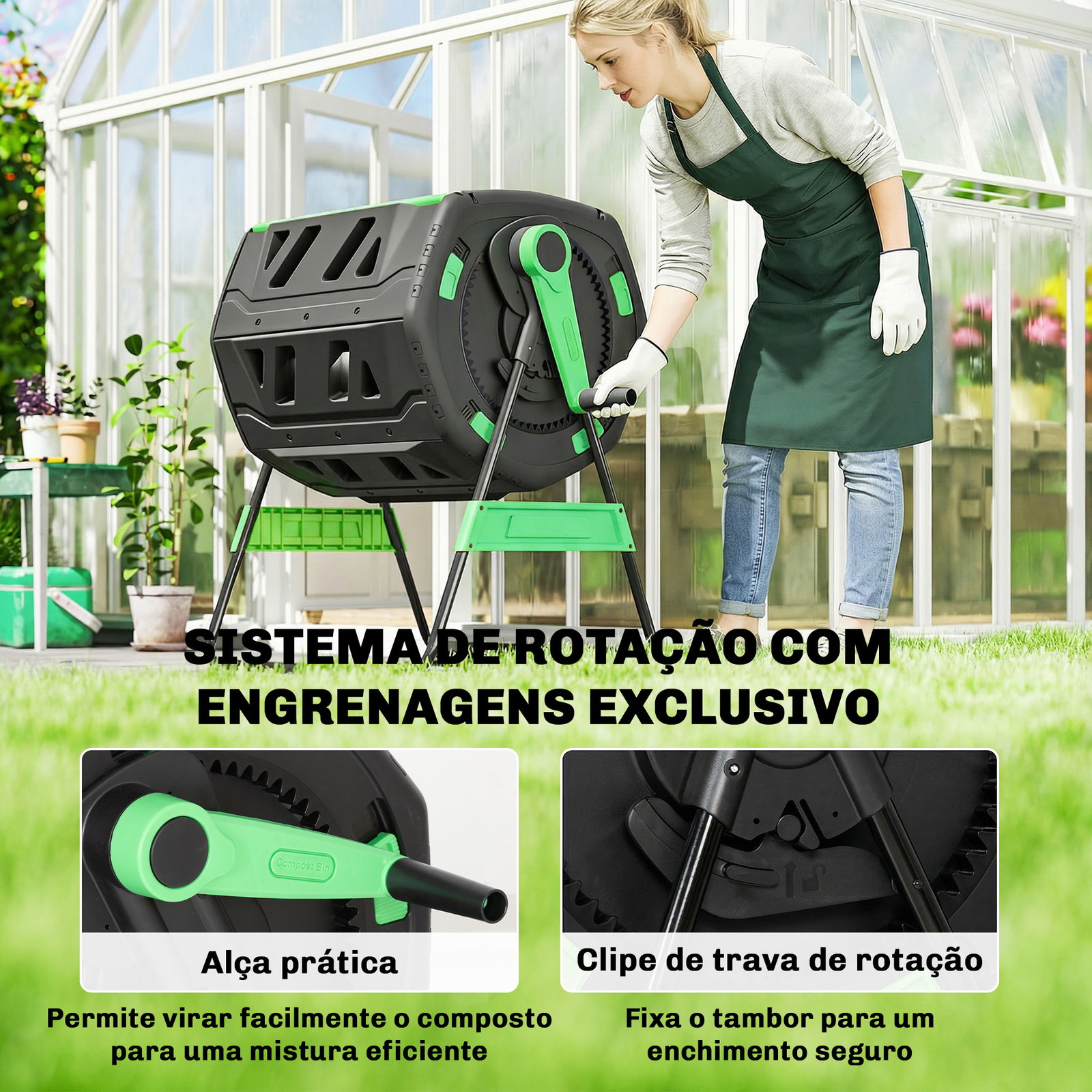 Compostador giratório 200l com sistema de ventilação e base metálica para compostagem de resíduos orgânicos verde