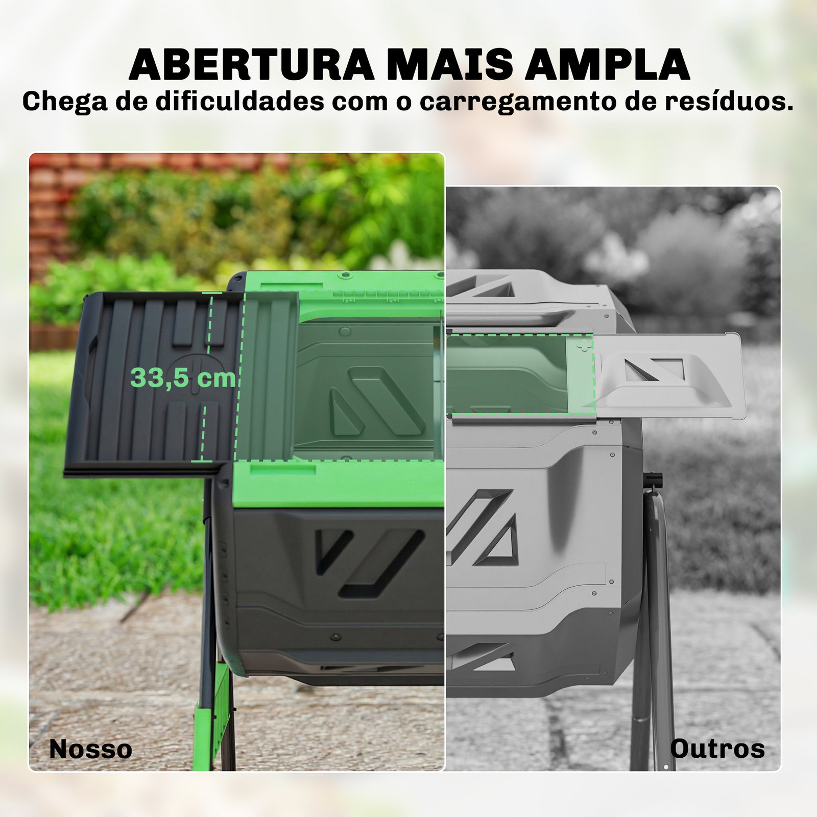Compostador giratório 200l com sistema de ventilação e base metálica para compostagem de resíduos orgânicos verde