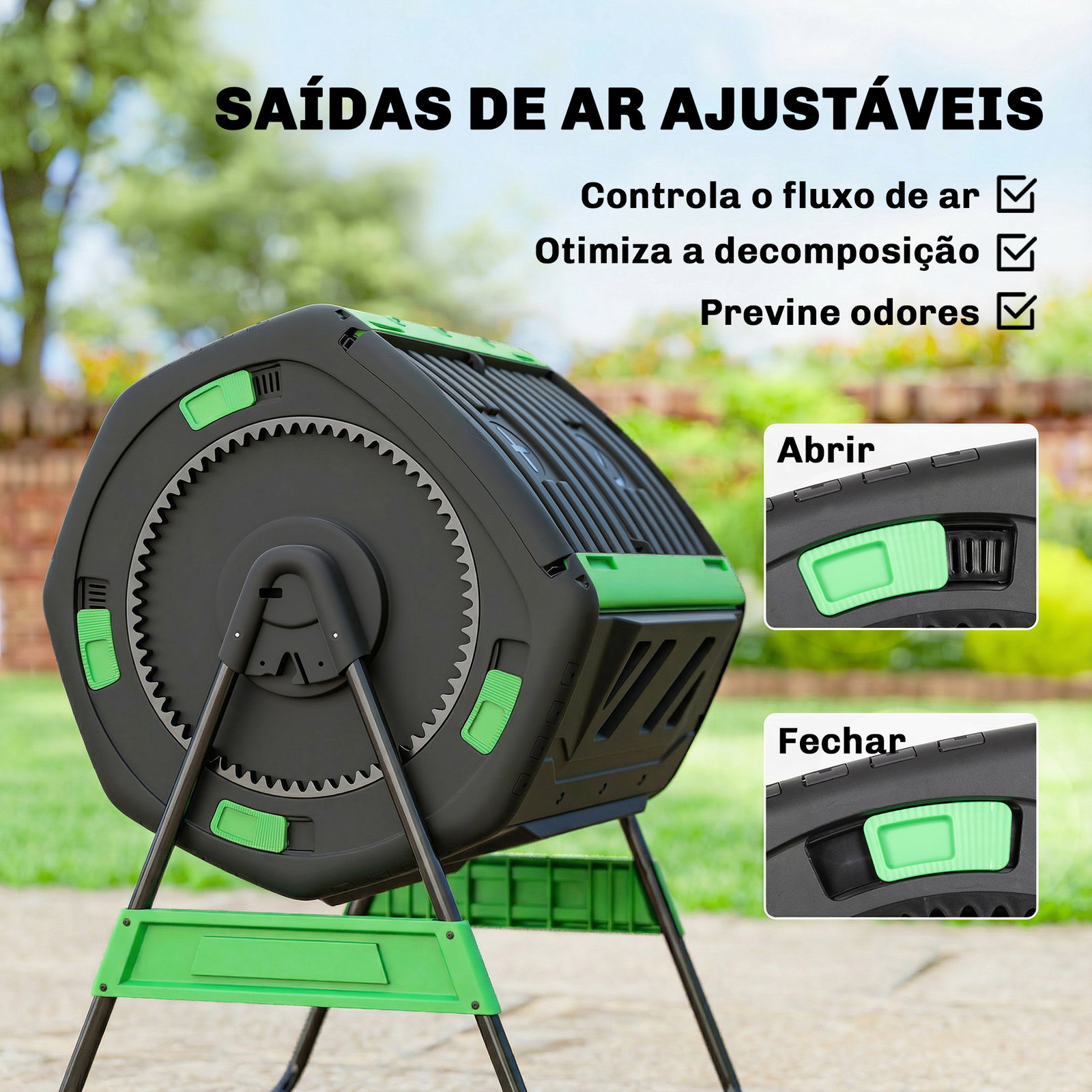 Compostador giratório 200l com sistema de ventilação e base metálica para compostagem de resíduos orgânicos verde