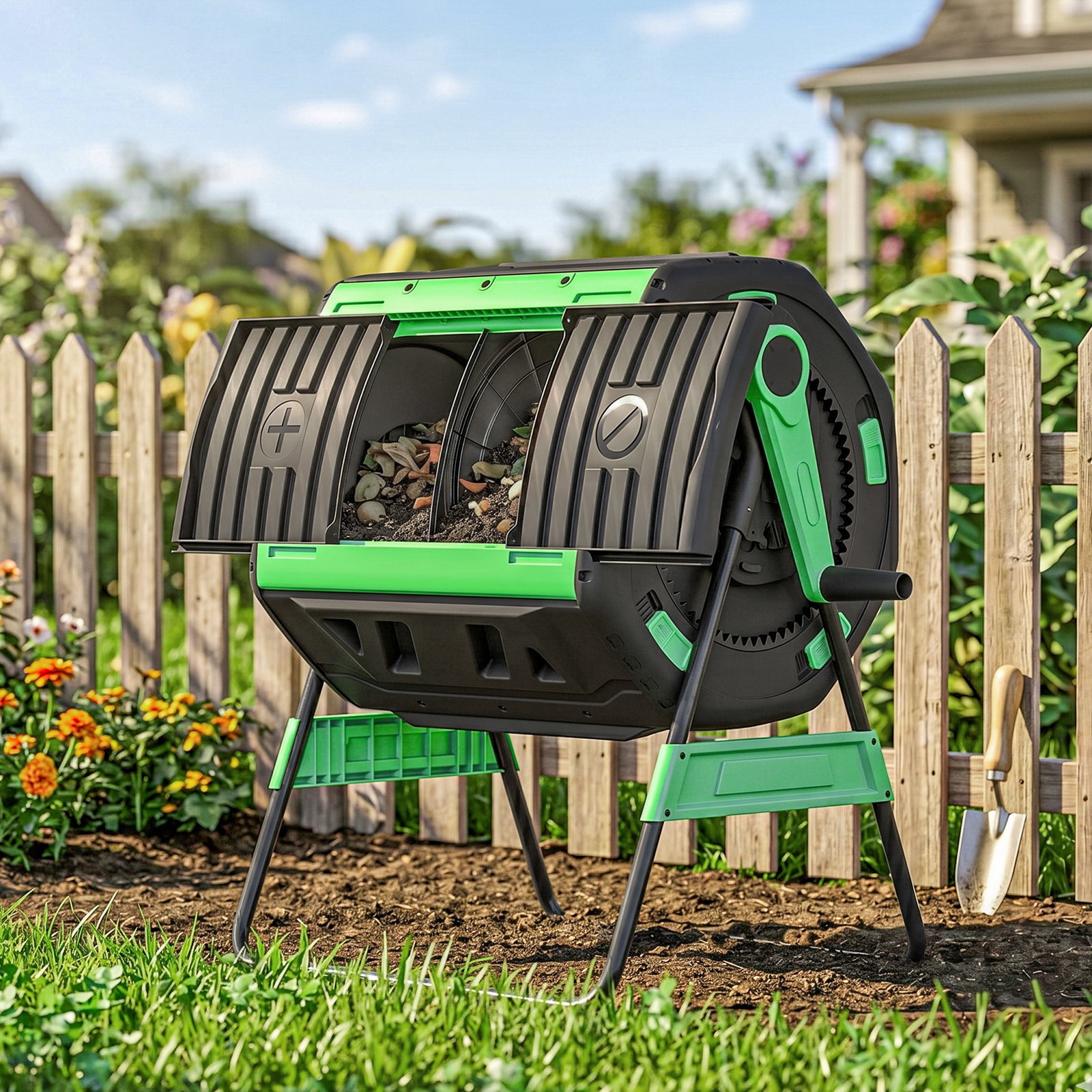 Compostador giratório 200l com sistema de ventilação e base metálica para compostagem de resíduos orgânicos verde
