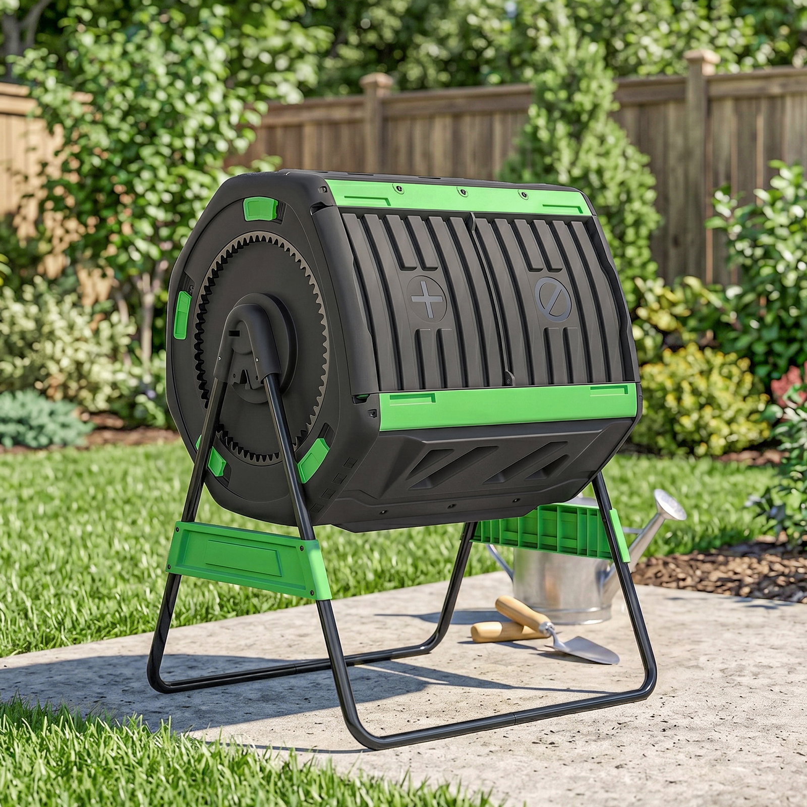 Compostador giratório 200l com sistema de ventilação e base metálica para compostagem de resíduos orgânicos verde
