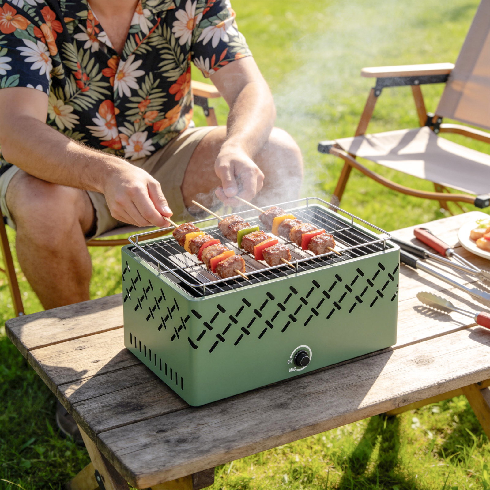 Barbecue a carvão 45,5x29x21 cm com ventilador integrado, temperatura ajustável e bandeja de carvão, verde-claro