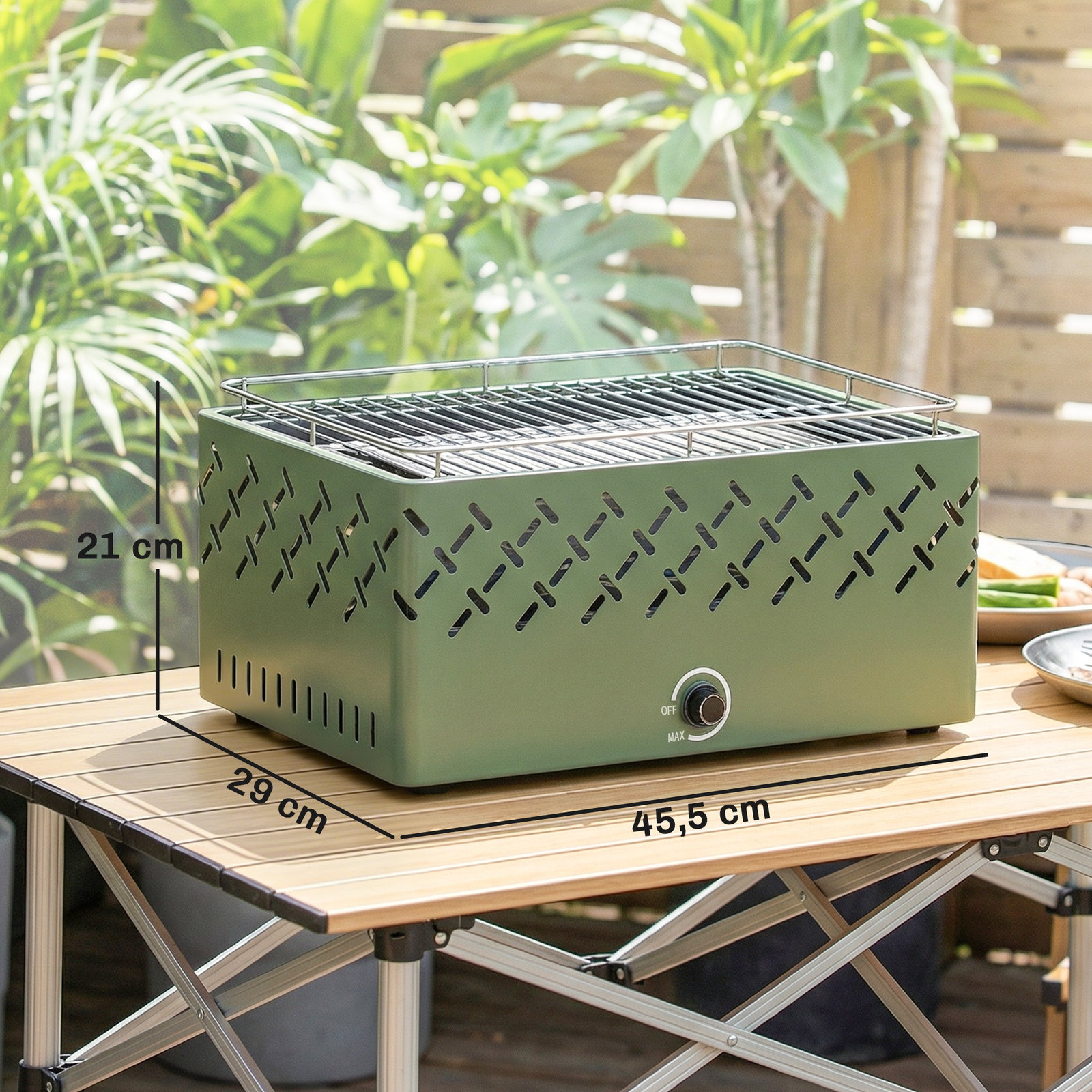 Barbecue a carvão 45,5x29x21 cm com ventilador integrado, temperatura ajustável e bandeja de carvão, verde-claro