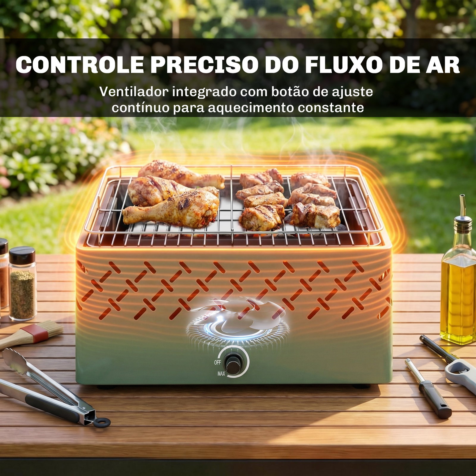 Barbecue a carvão 45,5x29x21 cm com ventilador integrado, temperatura ajustável e bandeja de carvão, verde-claro