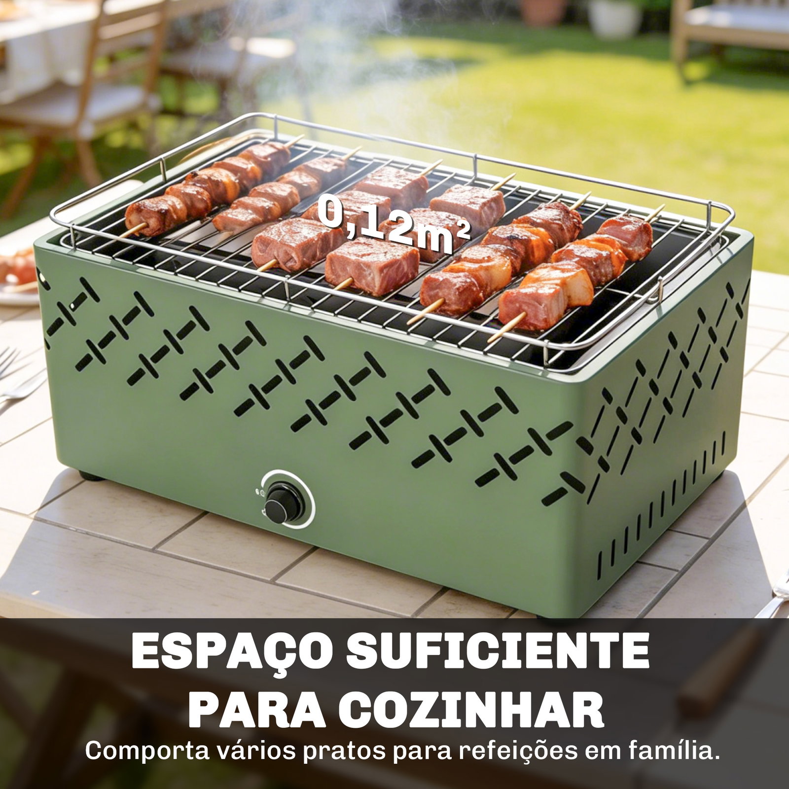 Barbecue a carvão 45,5x29x21 cm com ventilador integrado, temperatura ajustável e bandeja de carvão, verde-claro