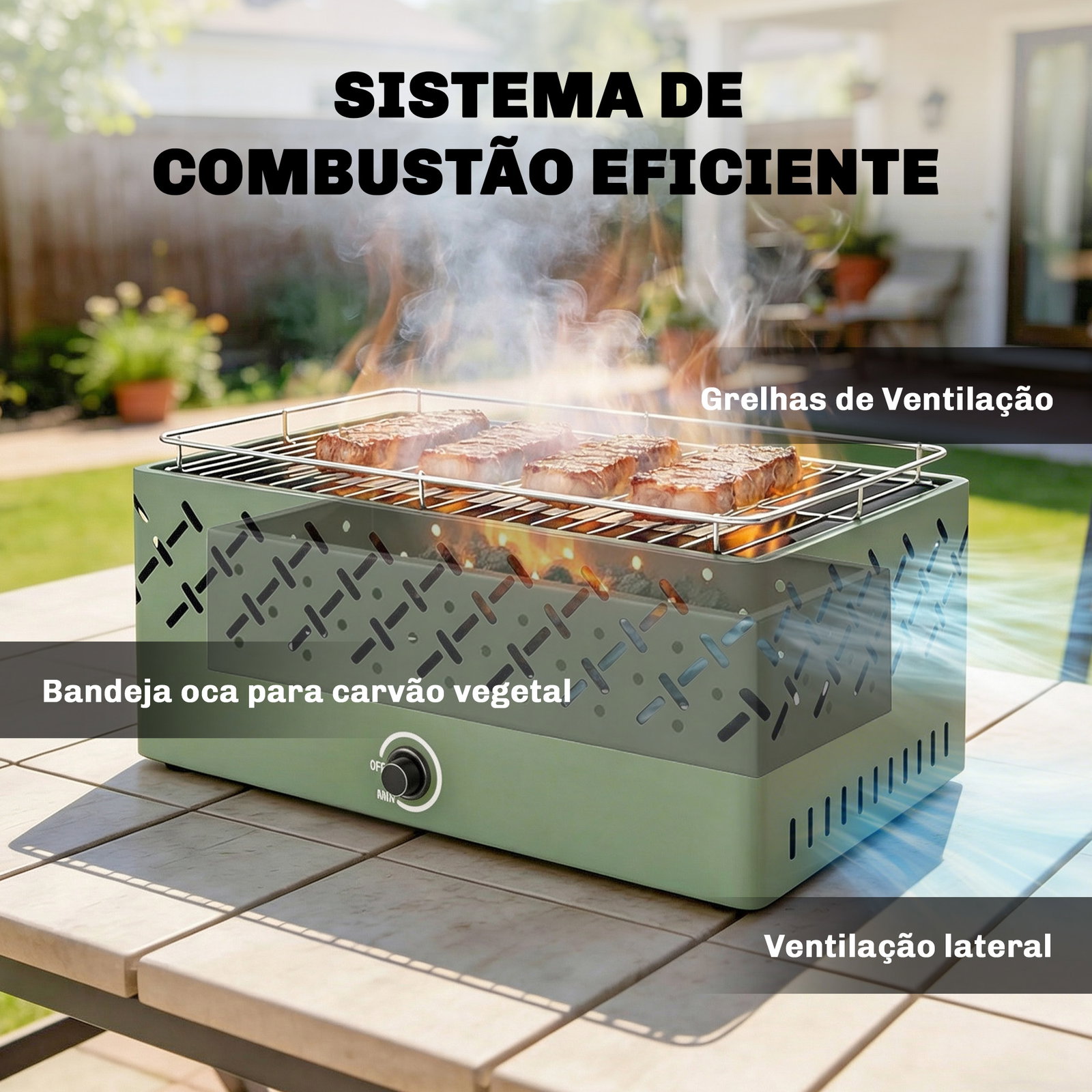 Barbecue a carvão 45,5x29x21 cm com ventilador integrado, temperatura ajustável e bandeja de carvão, verde-claro