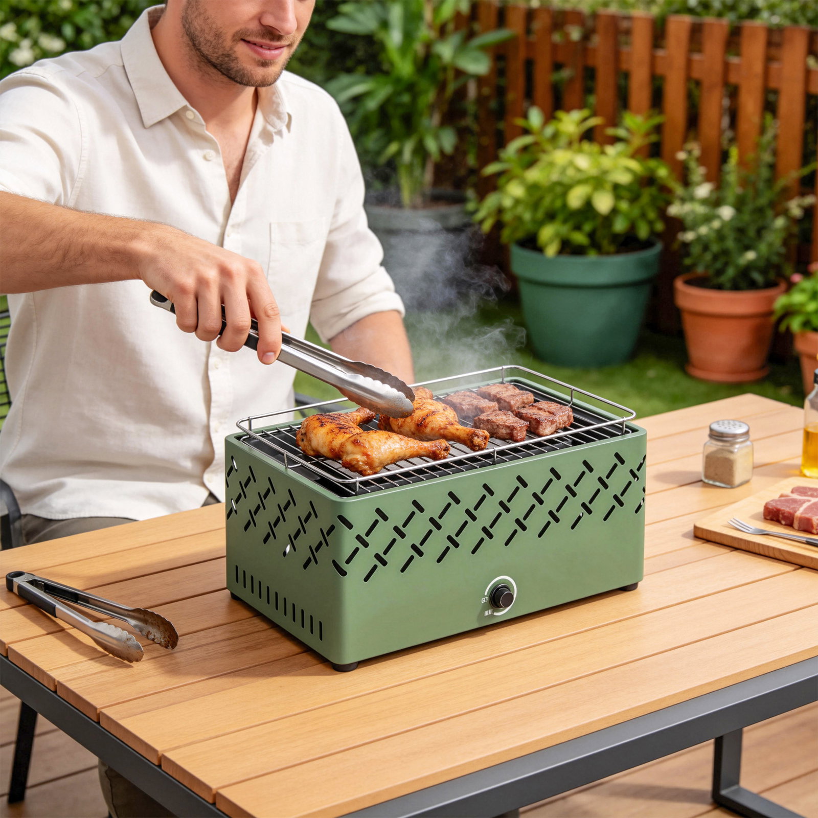 Barbecue a carvão 45,5x29x21 cm com ventilador integrado, temperatura ajustável e bandeja de carvão, verde-claro
