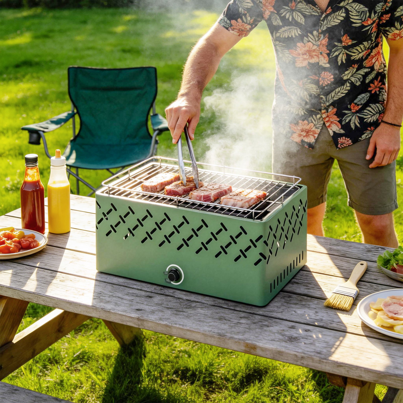 Barbecue a carvão 45,5x29x21 cm com ventilador integrado, temperatura ajustável e bandeja de carvão, verde-claro