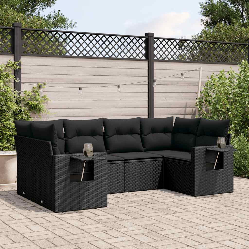 6 Pcs conjunto sofás de jardim c/ almofadões vime PE preto