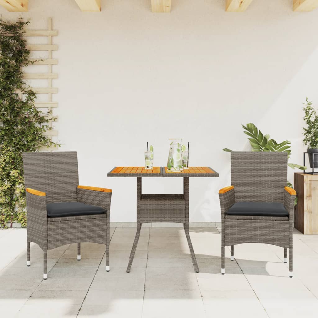 3 Pcs conjunto jantar jardim c/ almofadões vime PE/acácia cinza