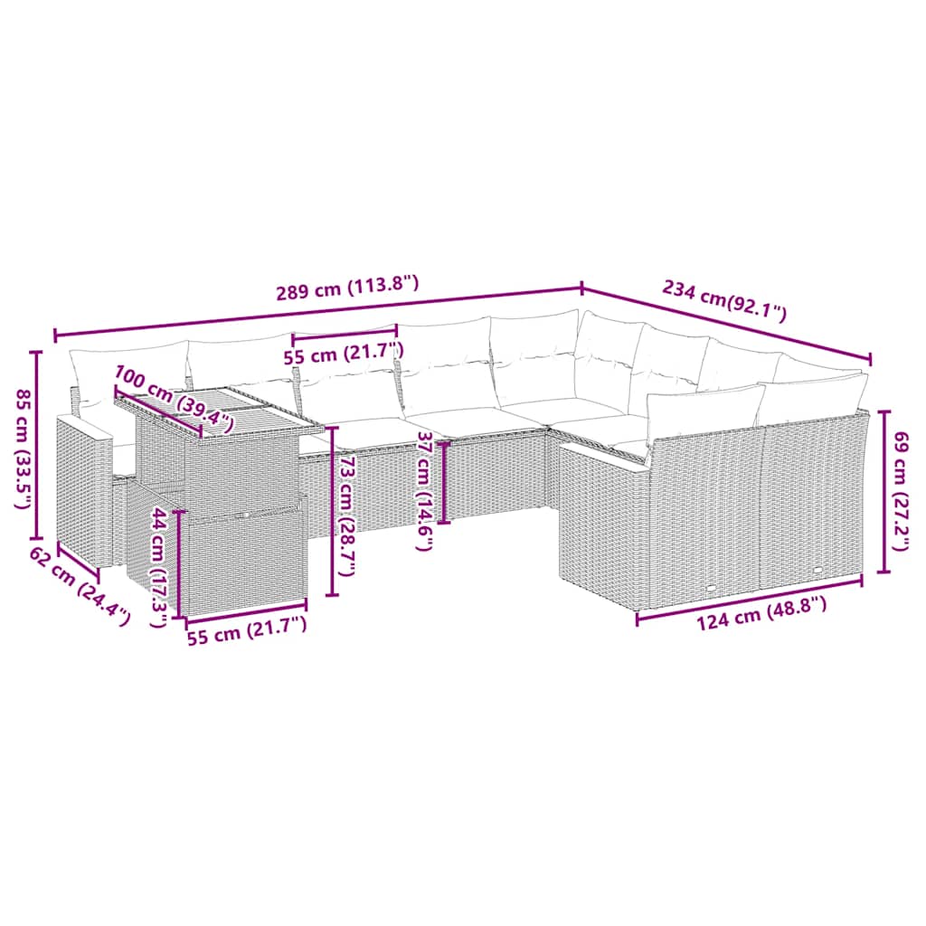 10 Pcs conjunto de sofás p/ jardim com almofadões vime PE bege