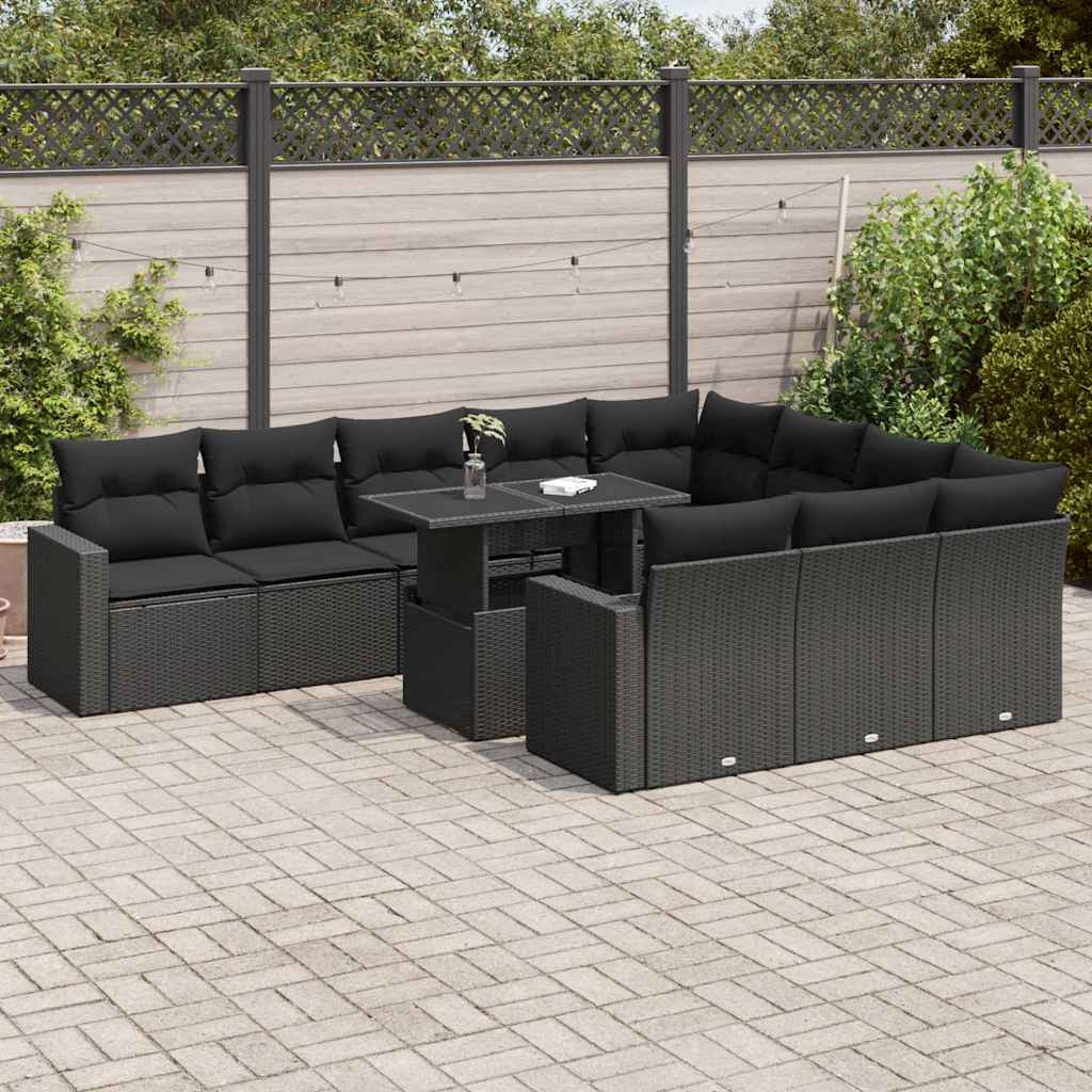 11 Pcs conjunto sofás de jardim c/ almofadões vime PE preto