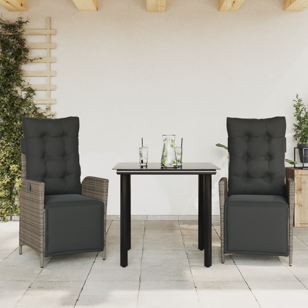 3 Pcs conjunto de jantar p/ jardim c/ almofadões vime PE cinza