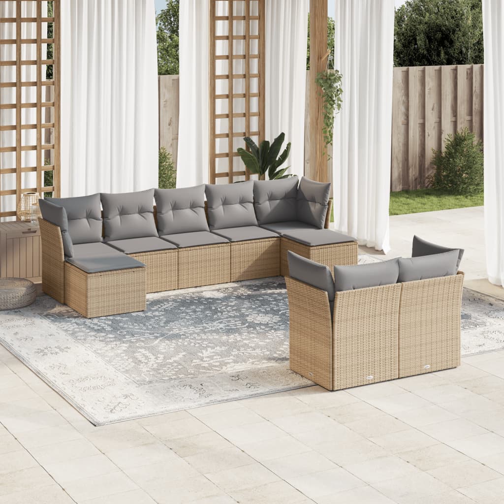 9 Pcs conjunto de sofás p/ jardim com almofadões vime PE bege