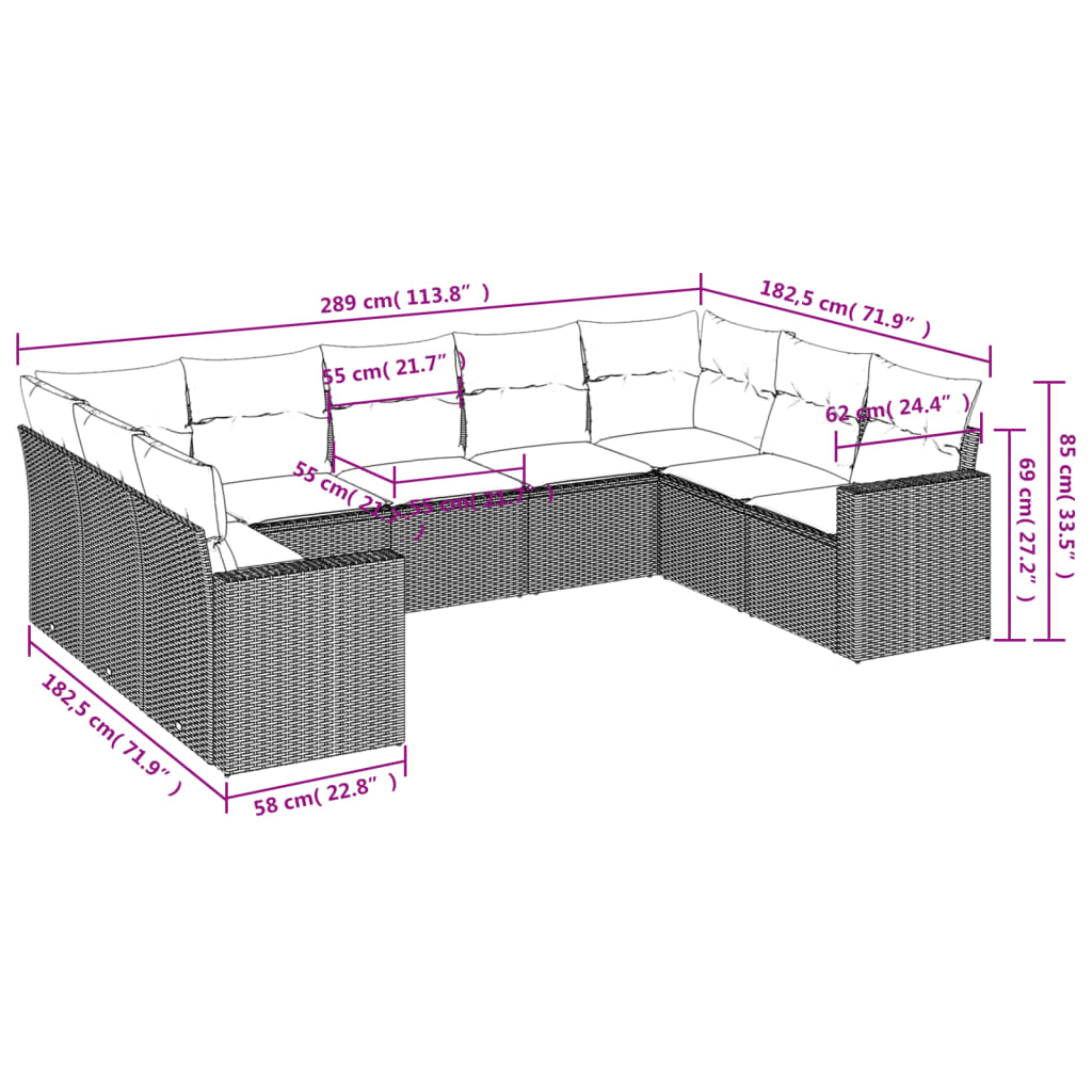 9 Pcs conjunto de sofás p/ jardim com almofadões vime PE bege