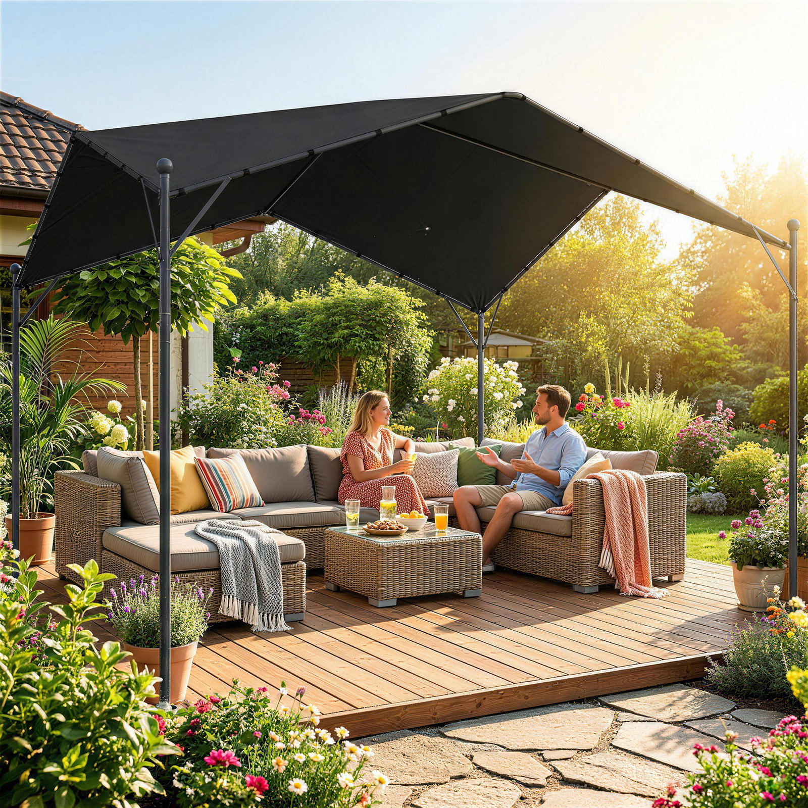 Pérgola de jardim 3x3 m com proteção upf30+ estrutura em metal galvanizado cobertura inclinada cinzento