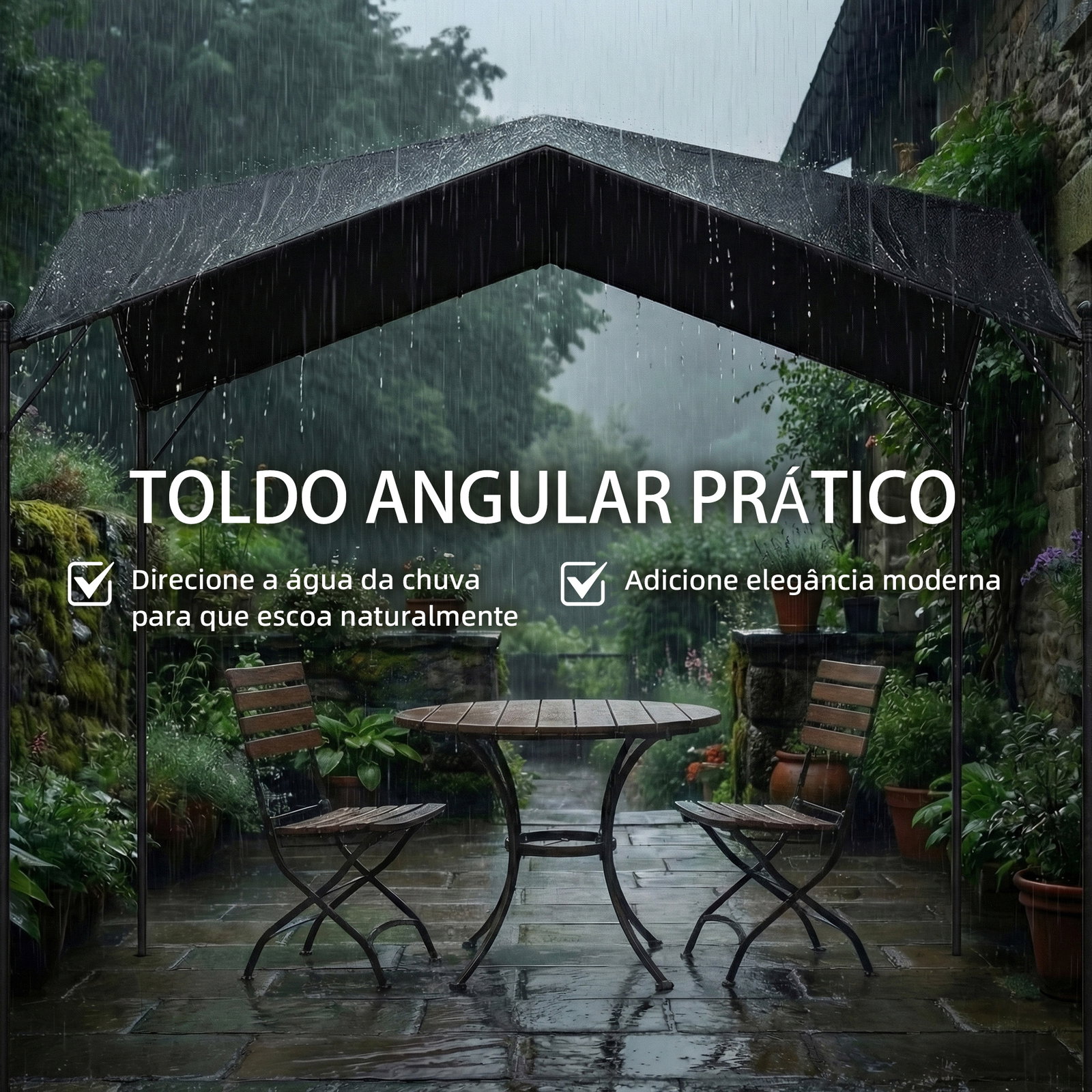 Pérgola de jardim 3x3 m com proteção upf30+ estrutura em metal galvanizado cobertura inclinada cinzento