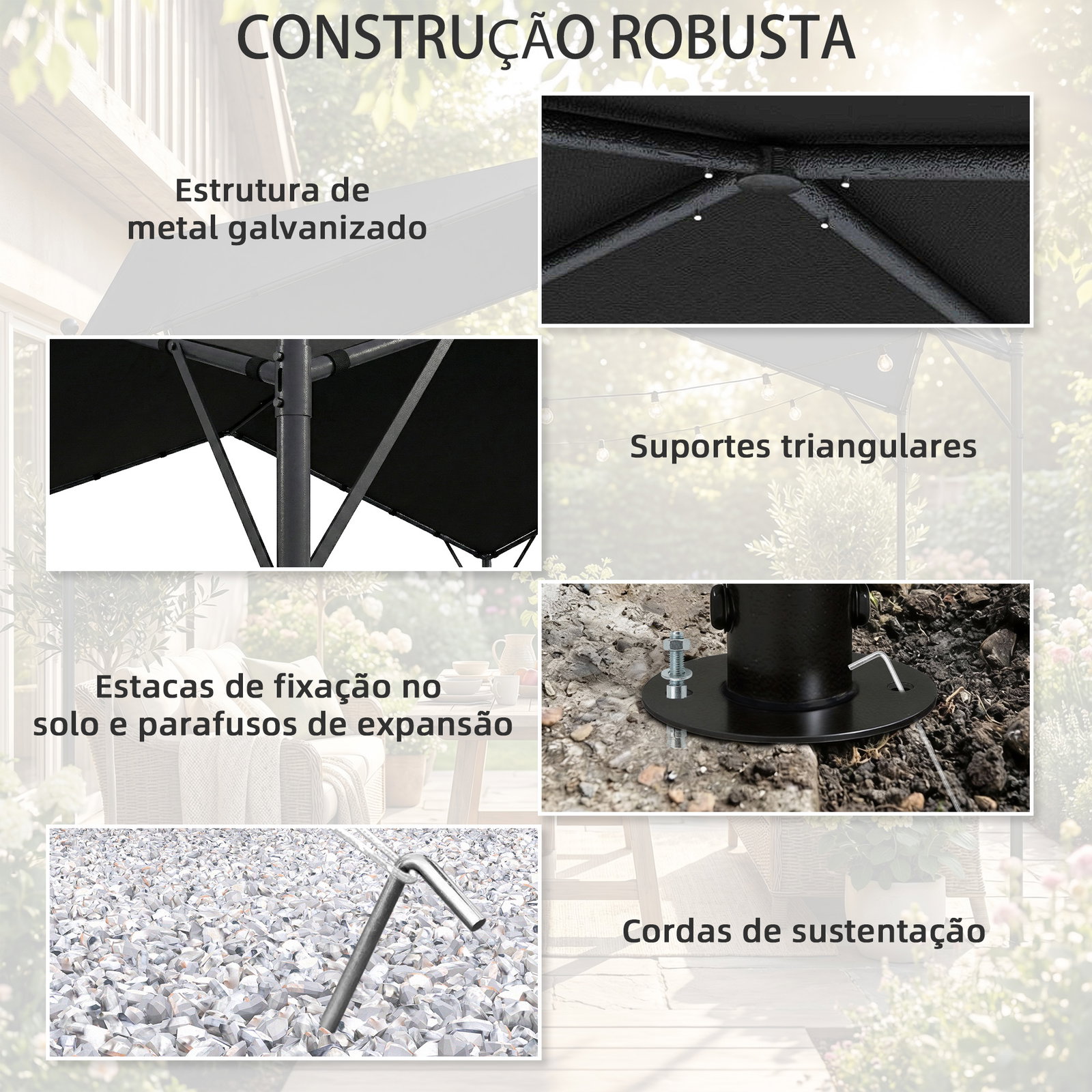 Pérgola de jardim 3x3 m com proteção upf30+ estrutura em metal galvanizado cobertura inclinada cinzento