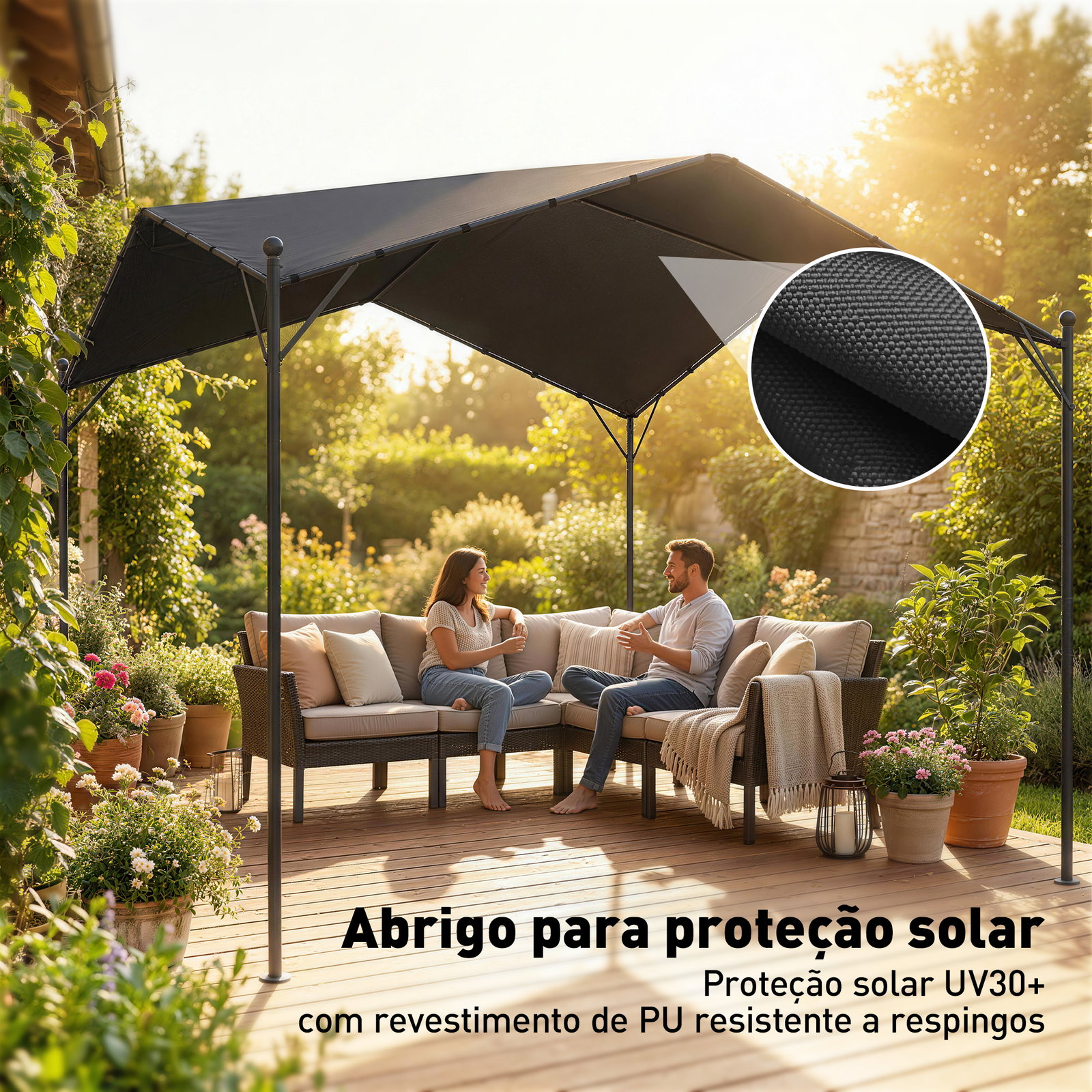 Pérgola de jardim 3x3 m com proteção upf30+ estrutura em metal galvanizado cobertura inclinada cinzento