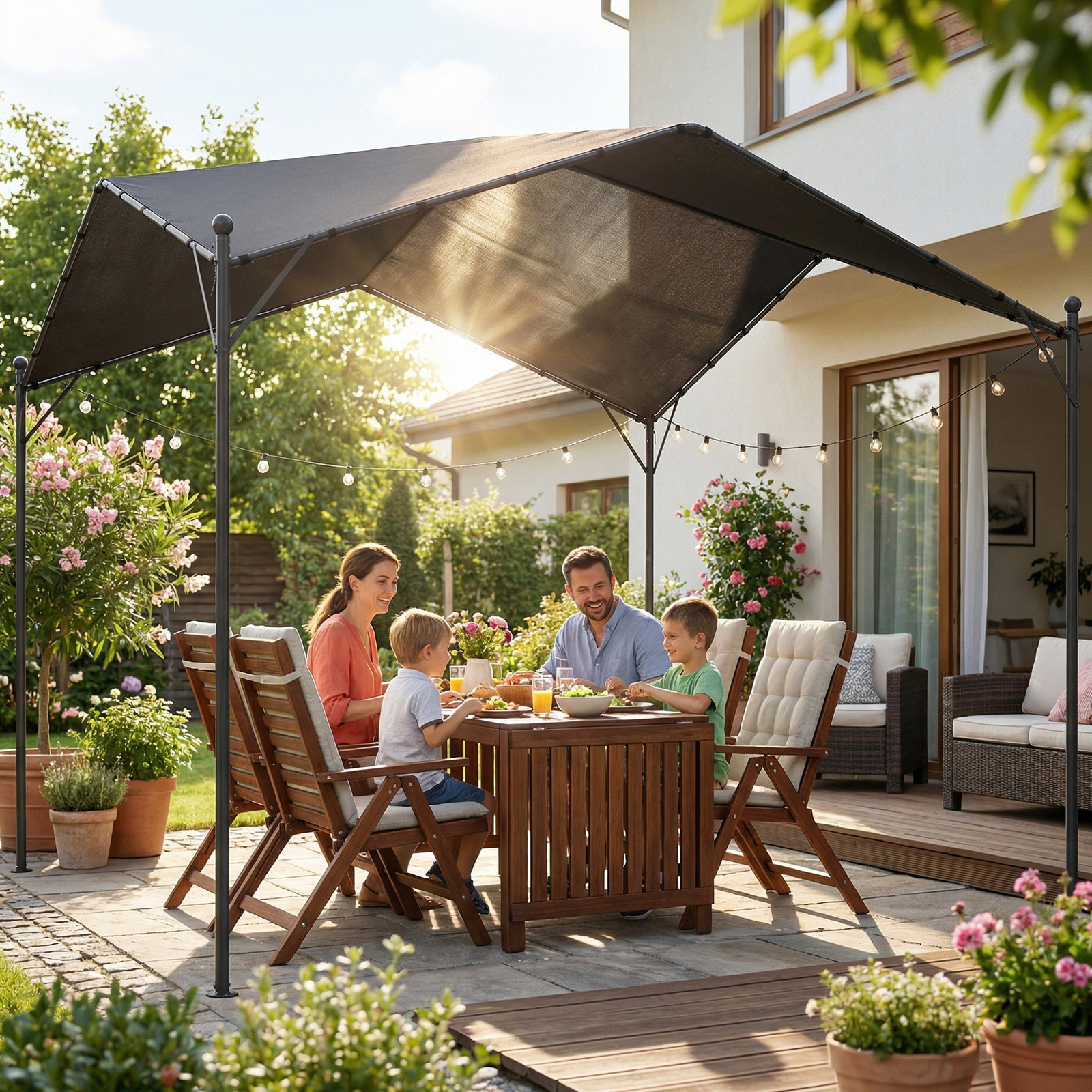 Pérgola de jardim 3x3 m com proteção upf30+ estrutura em metal galvanizado cobertura inclinada cinzento