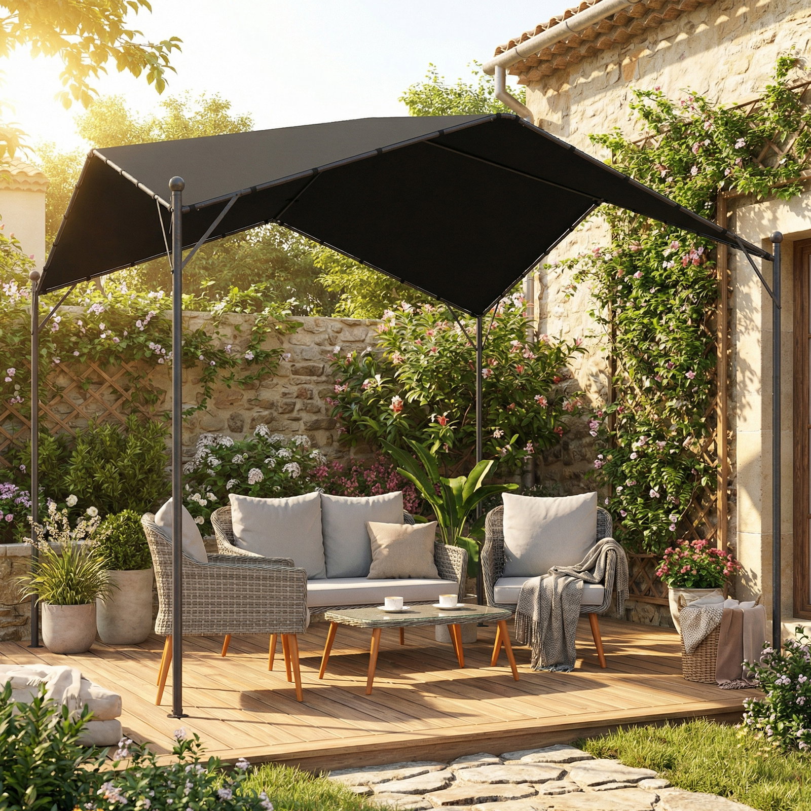 Pérgola de jardim 3x3 m com proteção upf30+ estrutura em metal galvanizado cobertura inclinada cinzento