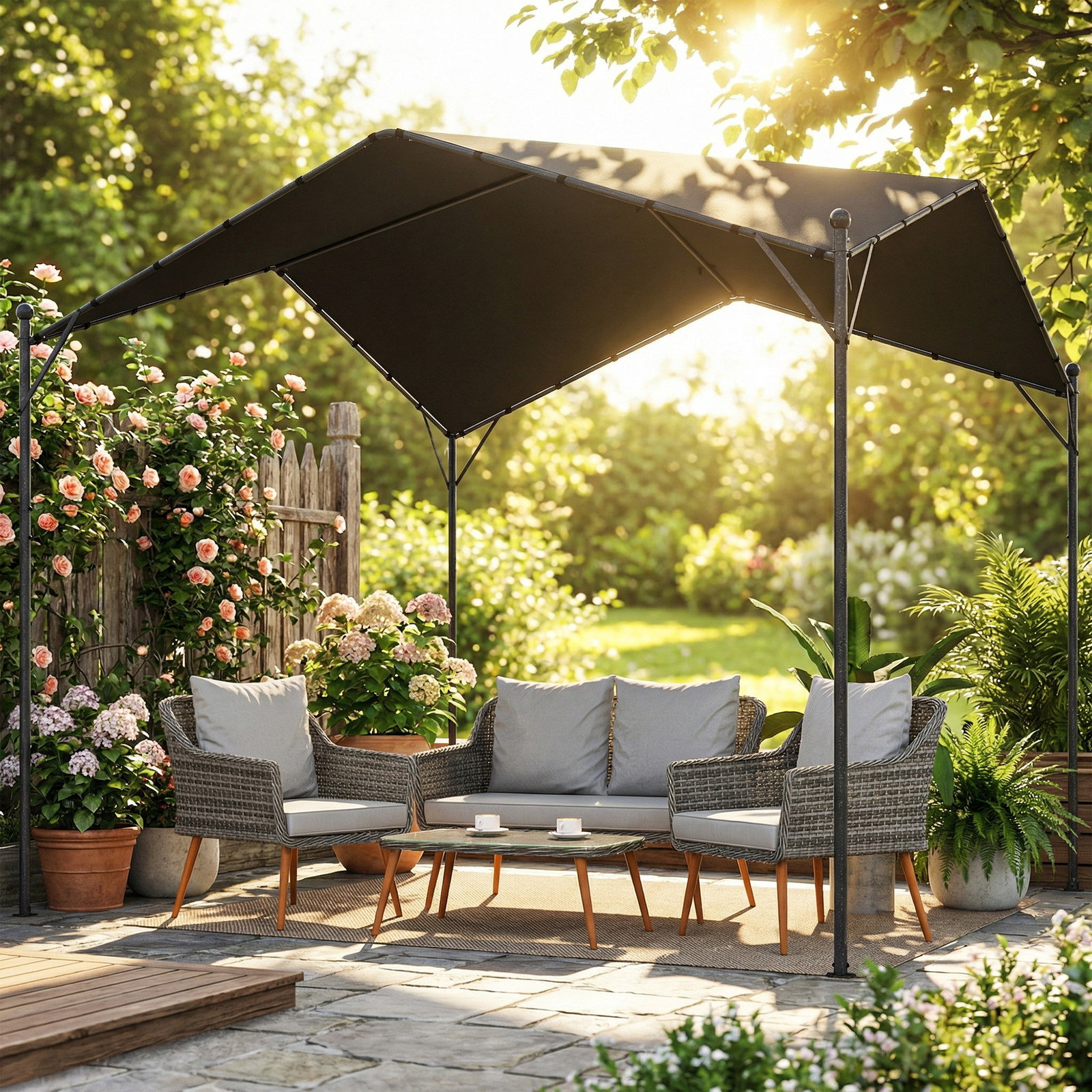 Pérgola de jardim 3x3 m com proteção upf30+ estrutura em metal galvanizado cobertura inclinada cinzento