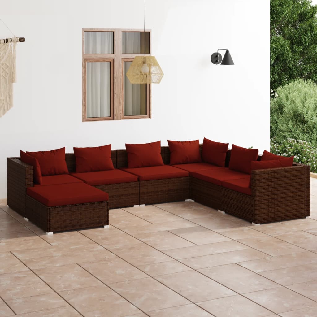 7 Pcs conjunto lounge jardim c/ almofadões vime PE castanho