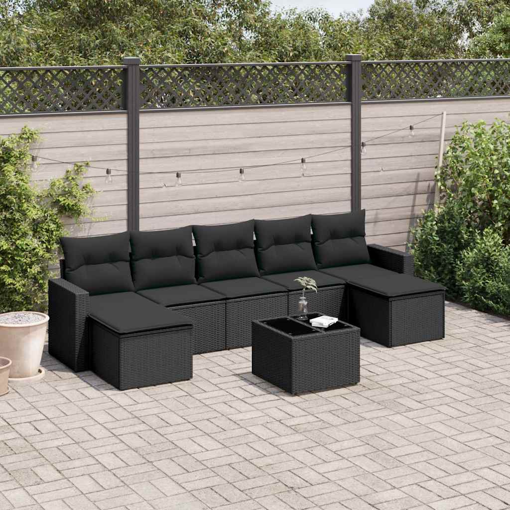 8 Pcs conjunto sofás de jardim com almofadões vime PE preto