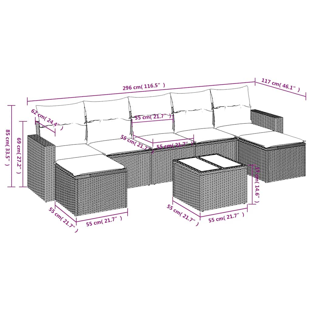 8 Pcs conjunto sofás de jardim com almofadões vime PE preto