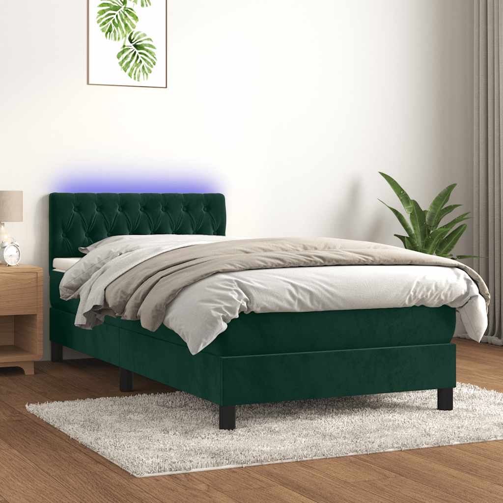 Cama box spring c/ colchão/LED 90x200 cm veludo verde-escuro