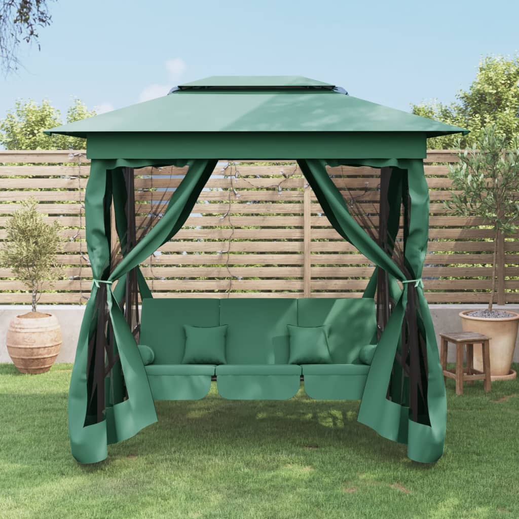 Gazebo de jardim c/ banco baloiço conversível tecido/aço verde