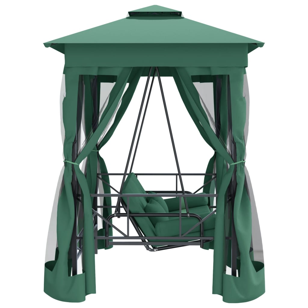 Gazebo de jardim c/ banco baloiço conversível tecido/aço verde