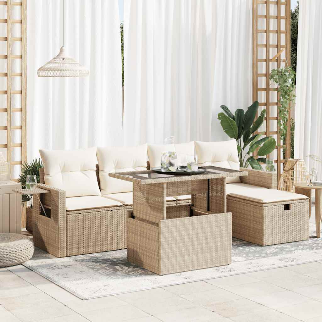 6 Pcs conjunto de sofás p/ jardim com almofadões vime PE bege