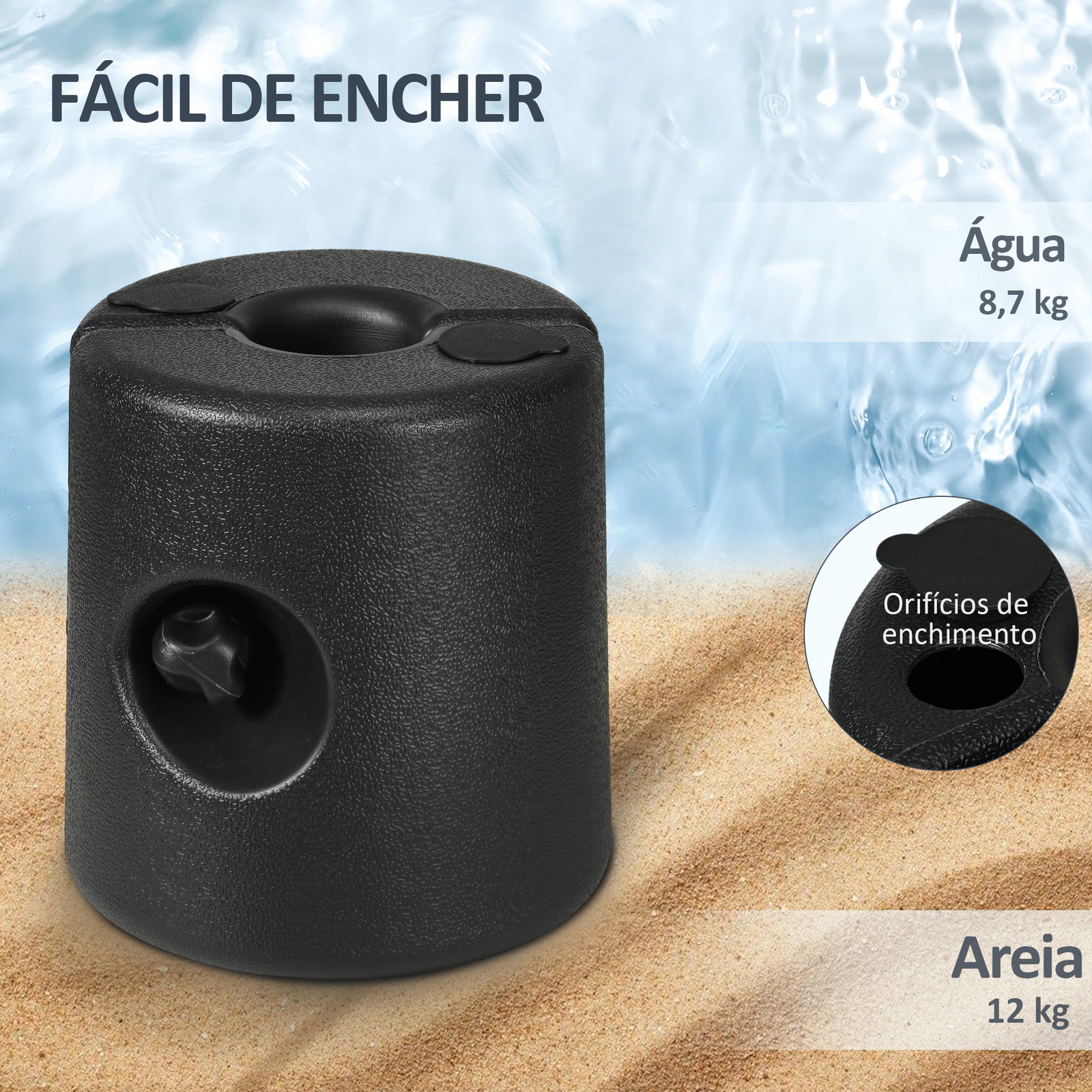 Conjunto de 4 pesos para tendas dobráveis suportes recarregáveis com 8,7 kg de água ou 12 kg de areia ø21,5/24x25,5 cm preto