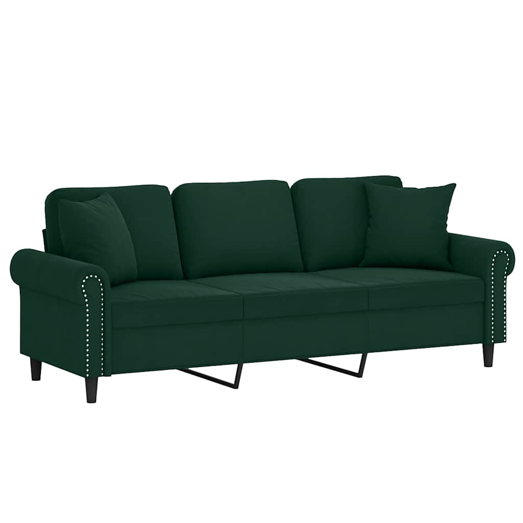 Sofá 3 lug. c/ almofadas decorativas 180 cm veludo verde-escuro