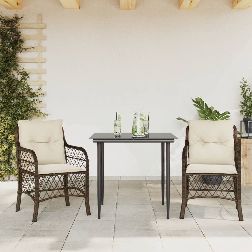 3 Pcs conjunto bistrô com almofadões vime PE castanho