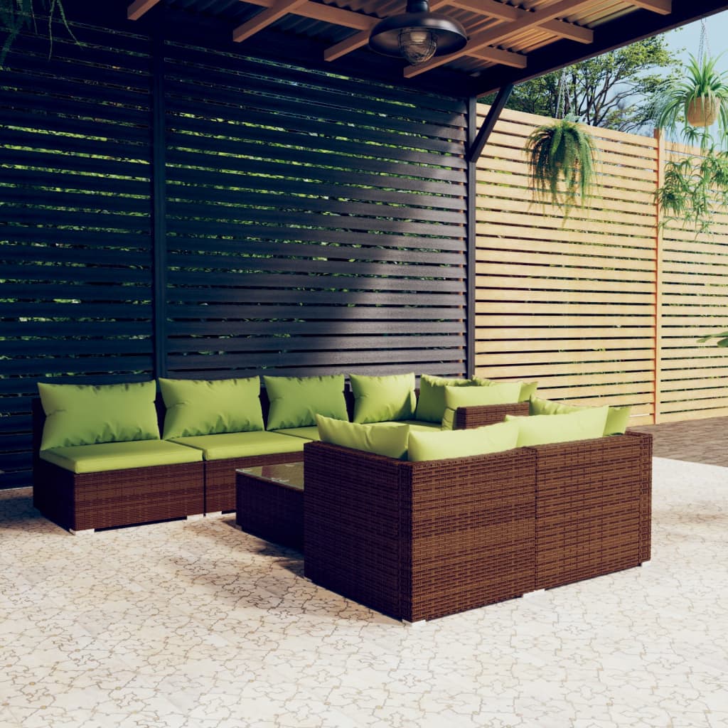 8 Pcs conjunto lounge jardim c/ almofadões vime PE castanho