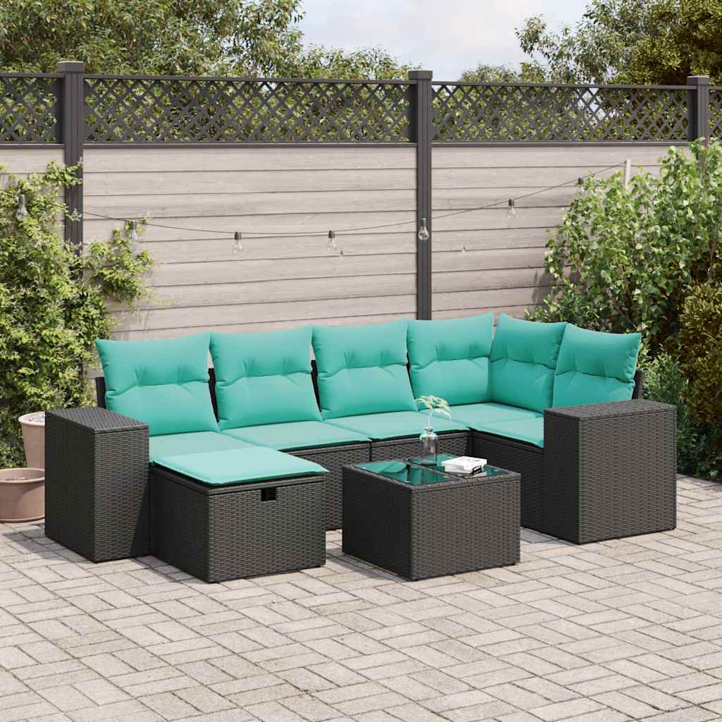 7 Pcs conjunto de sofás p/ jardim c/ almofadões vime PE preto