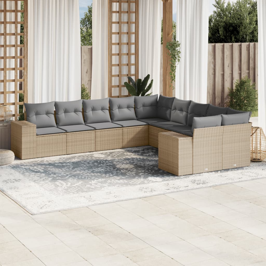 10 Pcs conjunto de sofás p/ jardim com almofadões vime PE bege