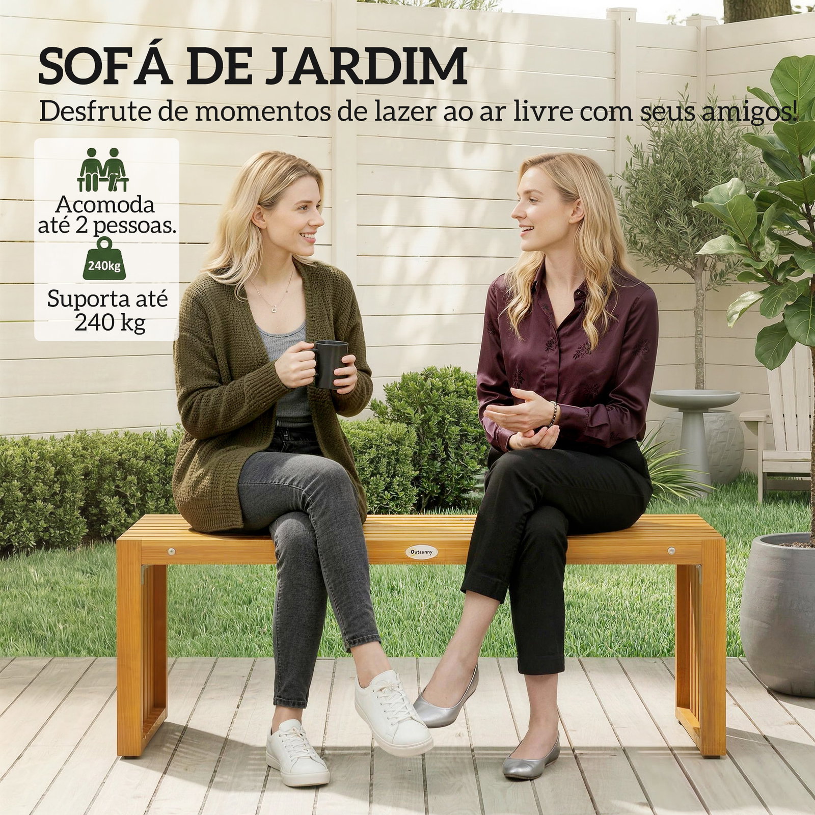 Banco de jardim em madeira de 2 lugares 110 cm com assento de ripas suporta 240 kg madeira