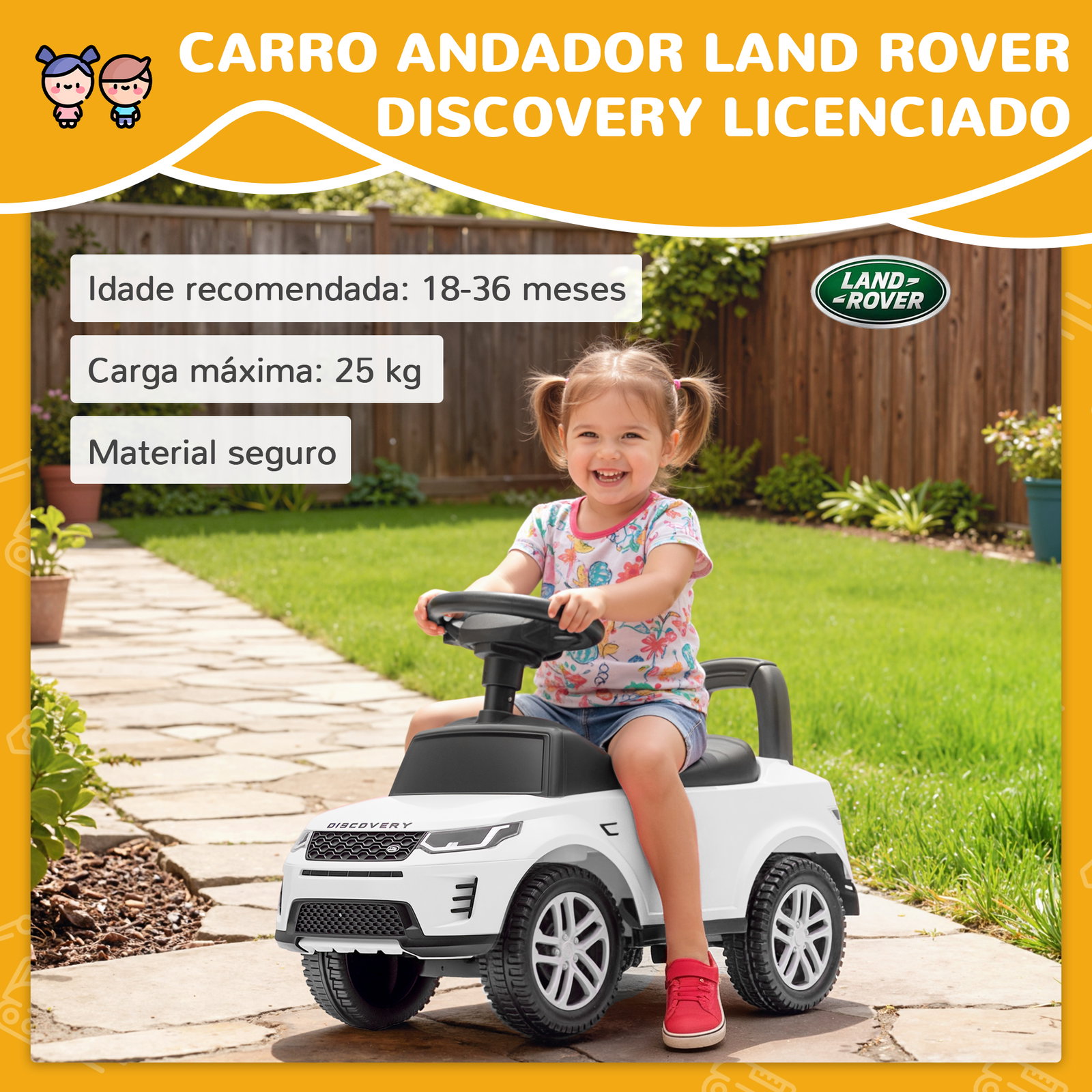 Carro andador para crianças com licença de land rover com armazenamento buzina sons de motor 65,5x28x42 cm branco