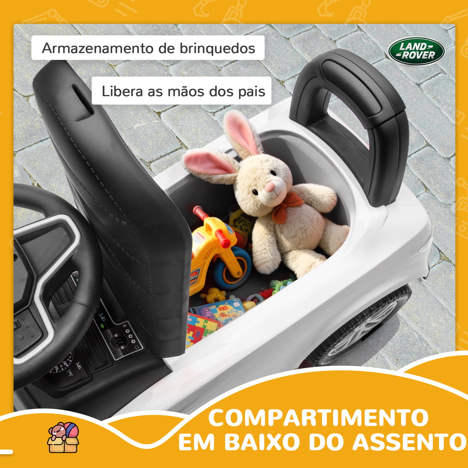 Carro andador para crianças com licença de land rover com armazenamento buzina sons de motor 65,5x28x42 cm branco