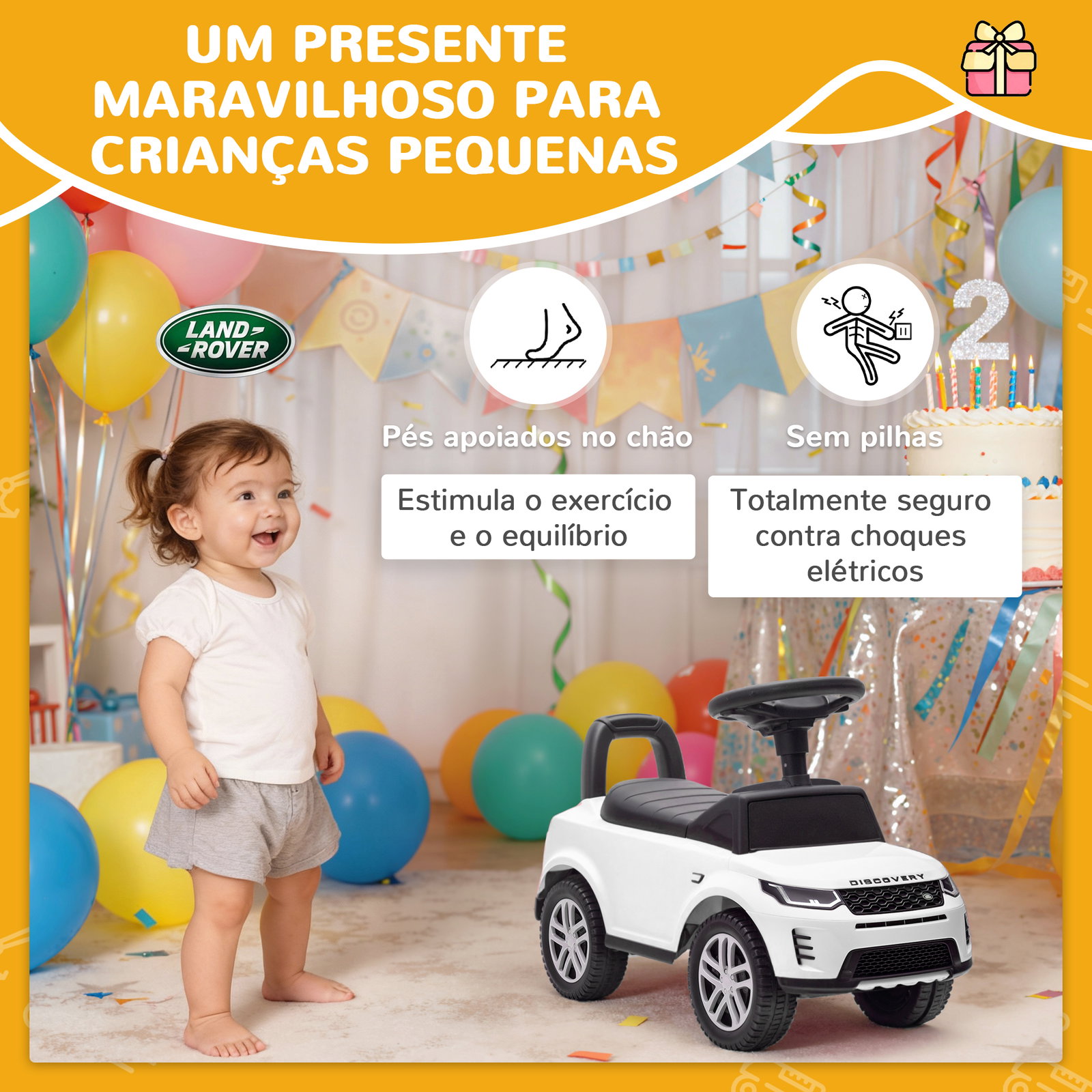 Carro andador para crianças com licença de land rover com armazenamento buzina sons de motor 65,5x28x42 cm branco
