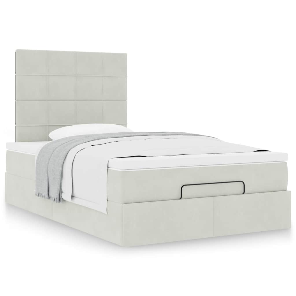 Estrutura de cama otomana com colchões cinza claro veludo