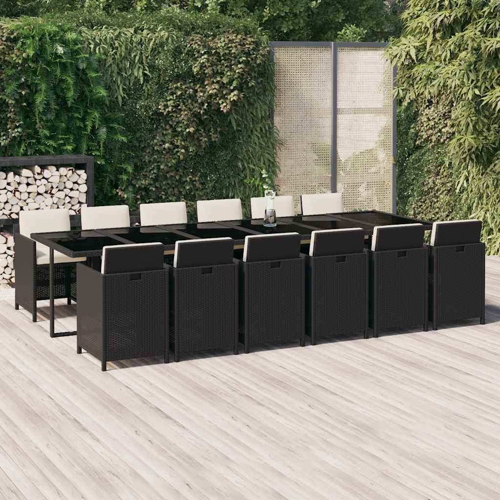 13 Pcs conjunto jantar p/ jardim c/ almofadões vime PE preto