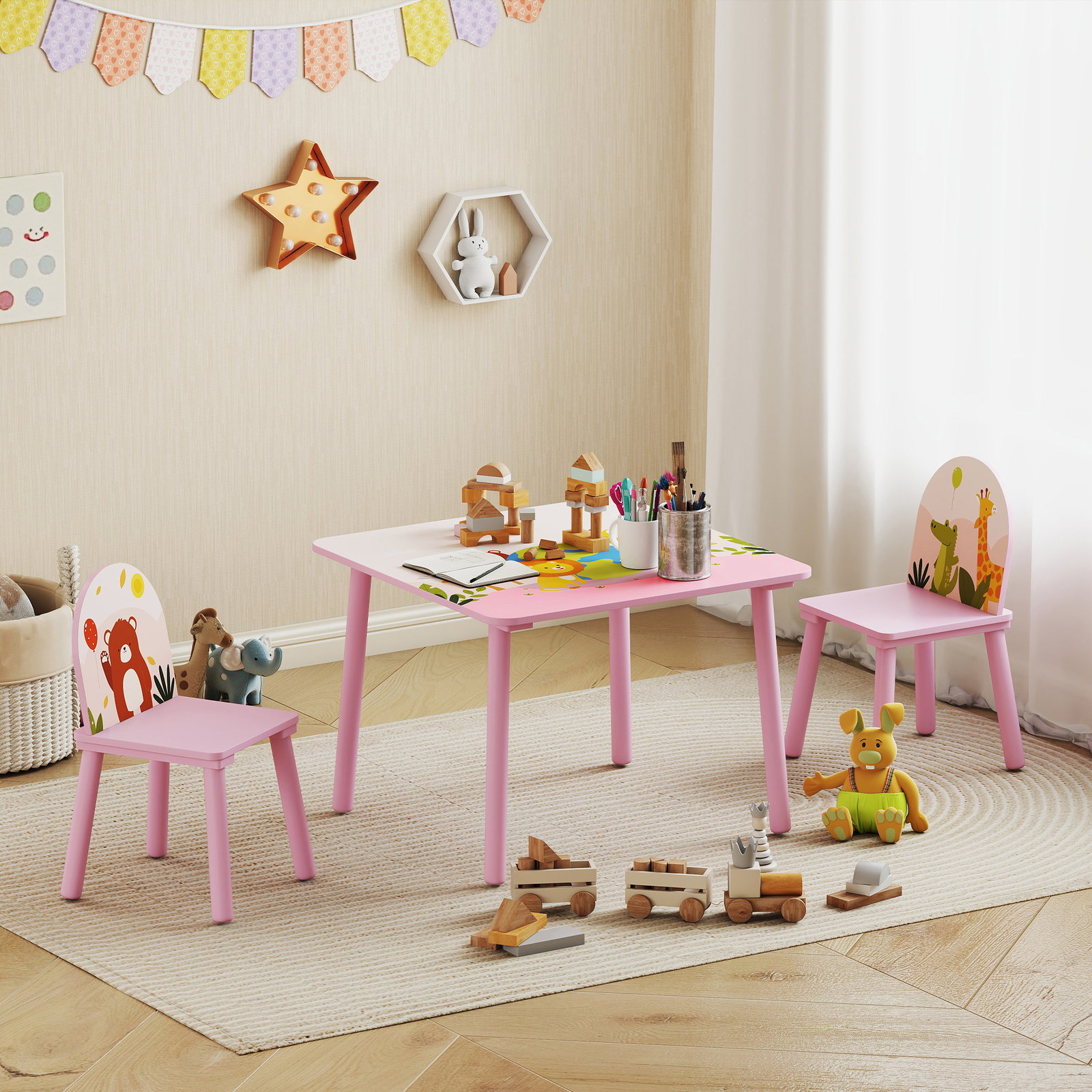 Mesa e cadeiras para crianças com estampados de animais para meninos e meninas de 3-8 anos para casa escola infantil rosa