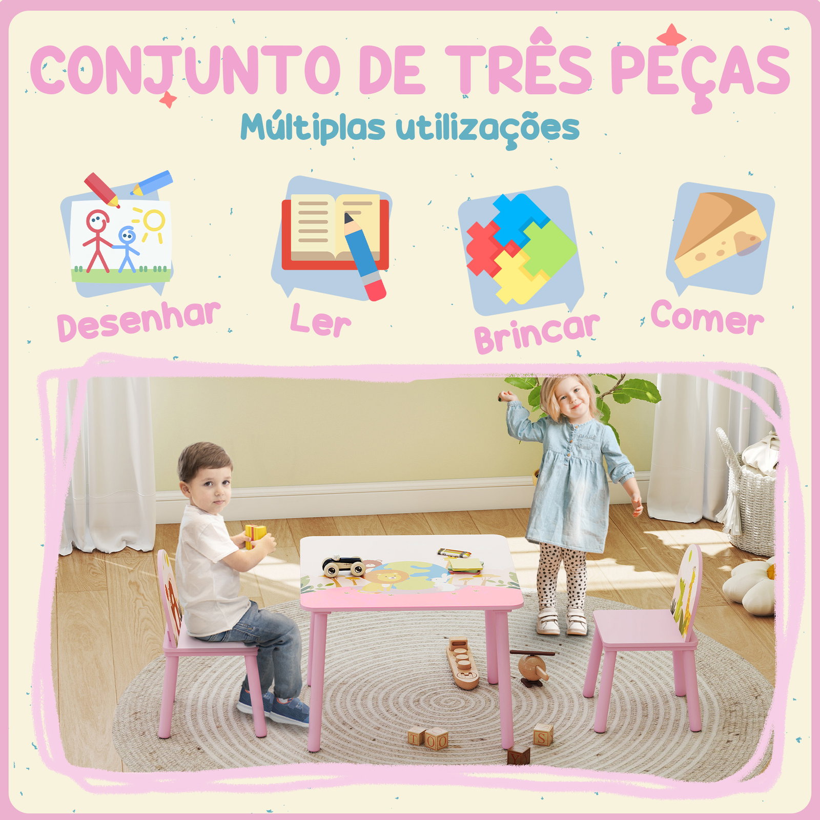 Mesa e cadeiras para crianças com estampados de animais para meninos e meninas de 3-8 anos para casa escola infantil rosa