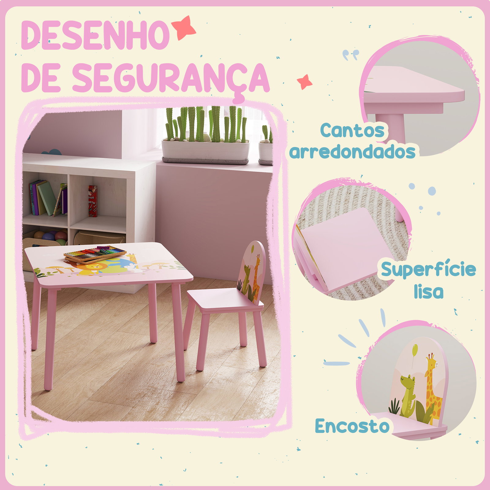 Mesa e cadeiras para crianças com estampados de animais para meninos e meninas de 3-8 anos para casa escola infantil rosa